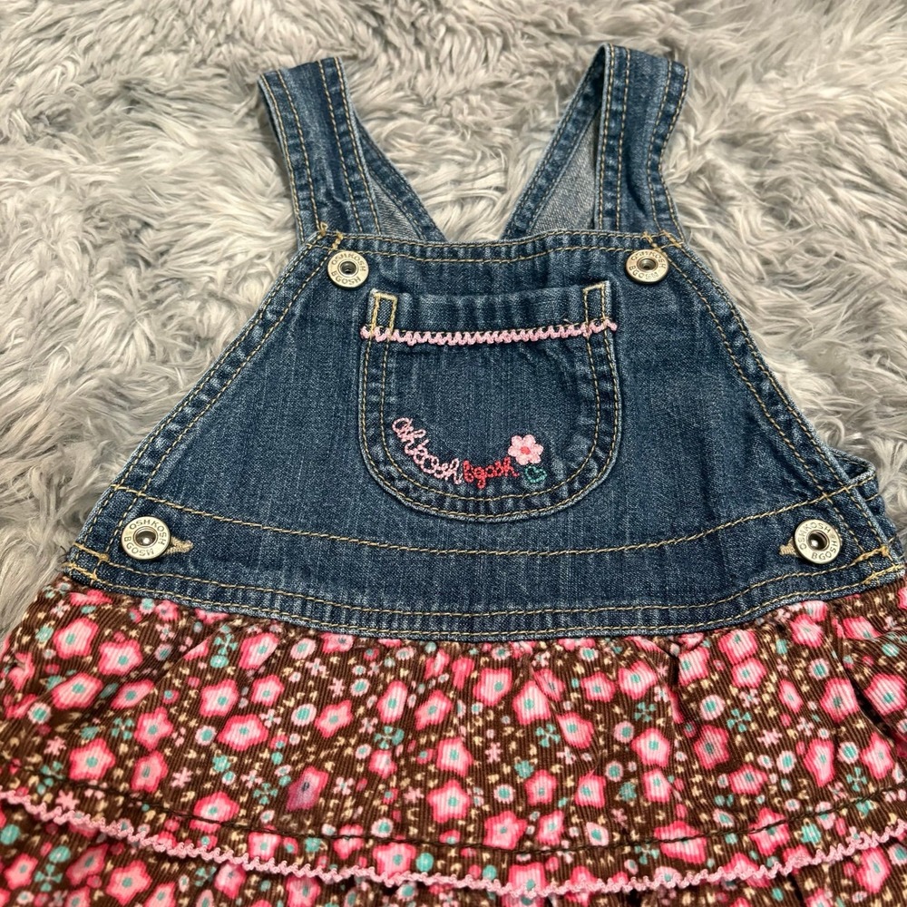 Vintage Oshkosh B'Gosh Overall Denim Corduroy Layer Ruffle Dress Floral 24 Month - Picture 2 of 7